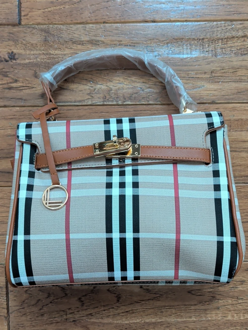 Loulo Women’s Tan Plaid Top-Handle Fashion Bag with Gold Hardware